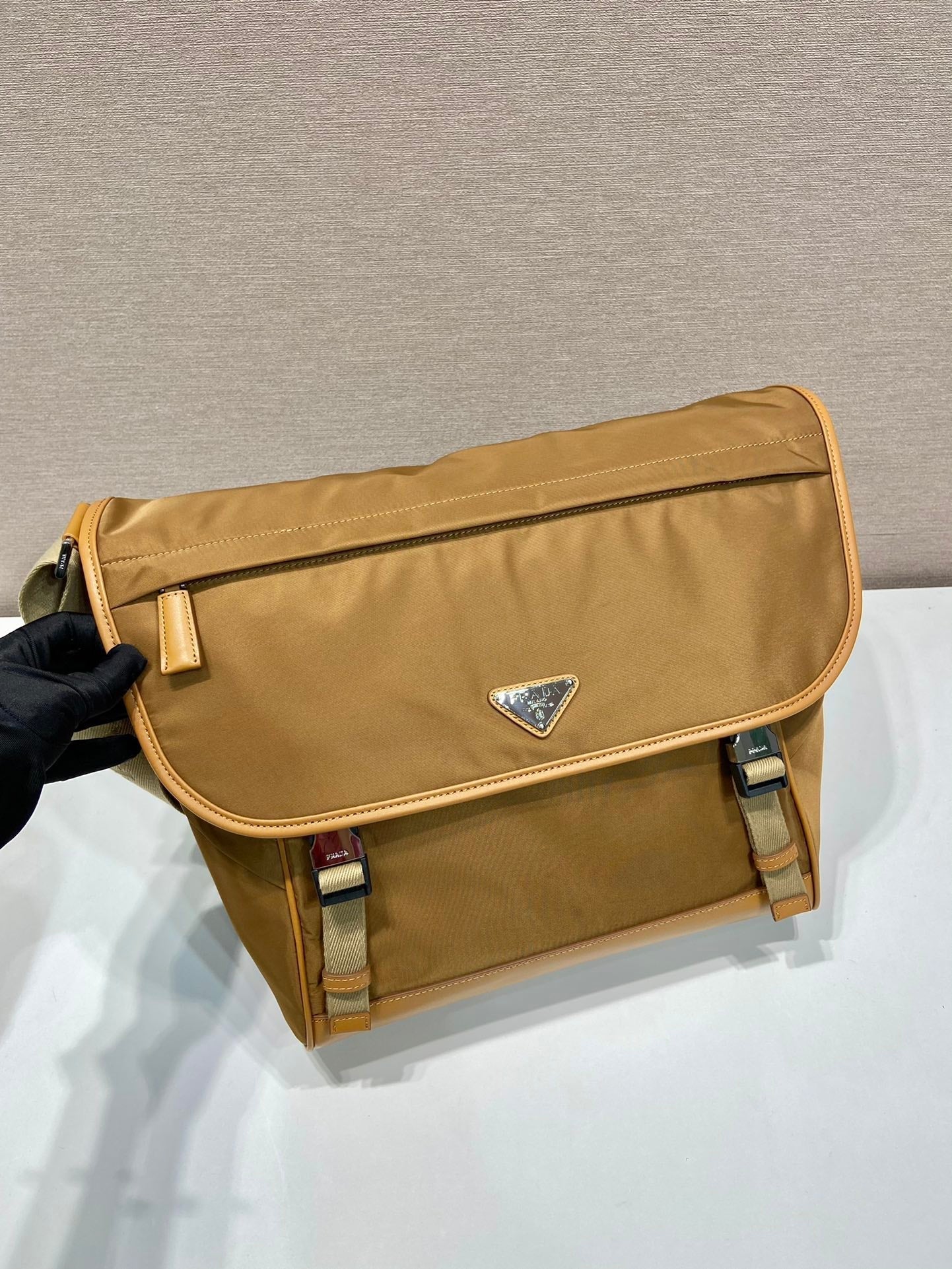 Luxury PradaLARGE FLAP BAG 30 IN CIDER BROWN RE-NYLON AND CALFSKIN TRIM