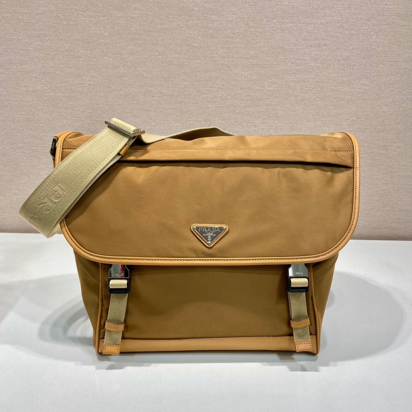 Luxury PradaLARGE FLAP BAG 30 IN CIDER BROWN RE-NYLON AND CALFSKIN TRIM