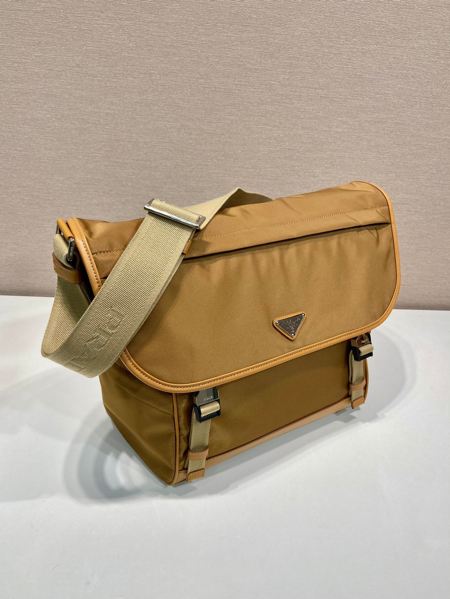 Luxury PradaLARGE FLAP BAG 30 IN CIDER BROWN RE-NYLON AND CALFSKIN TRIM