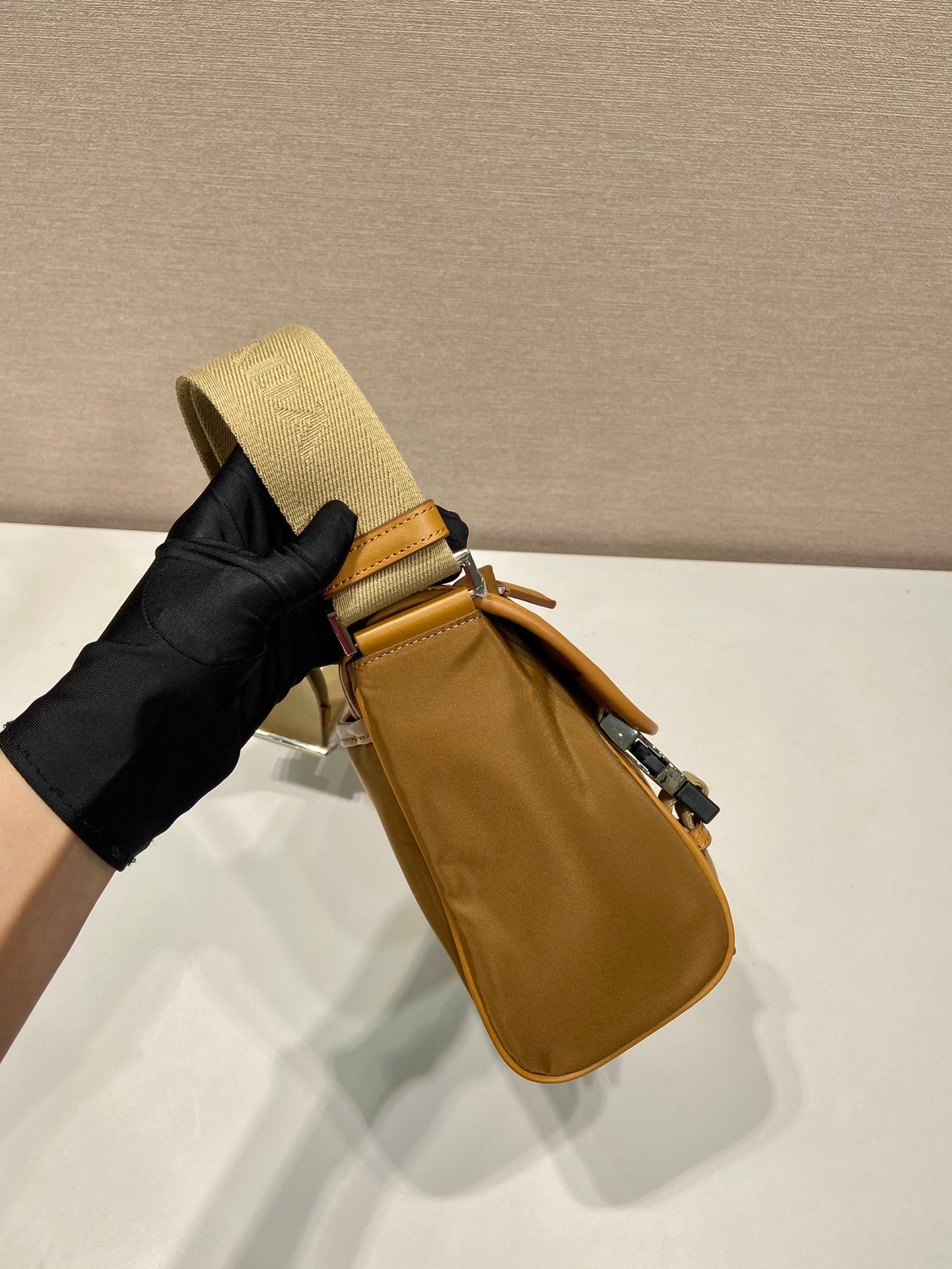 Luxury PradaSMALL FLAP BAG 20 IN CIDER BROWN RE-NYLON AND CALFSKIN TRIM