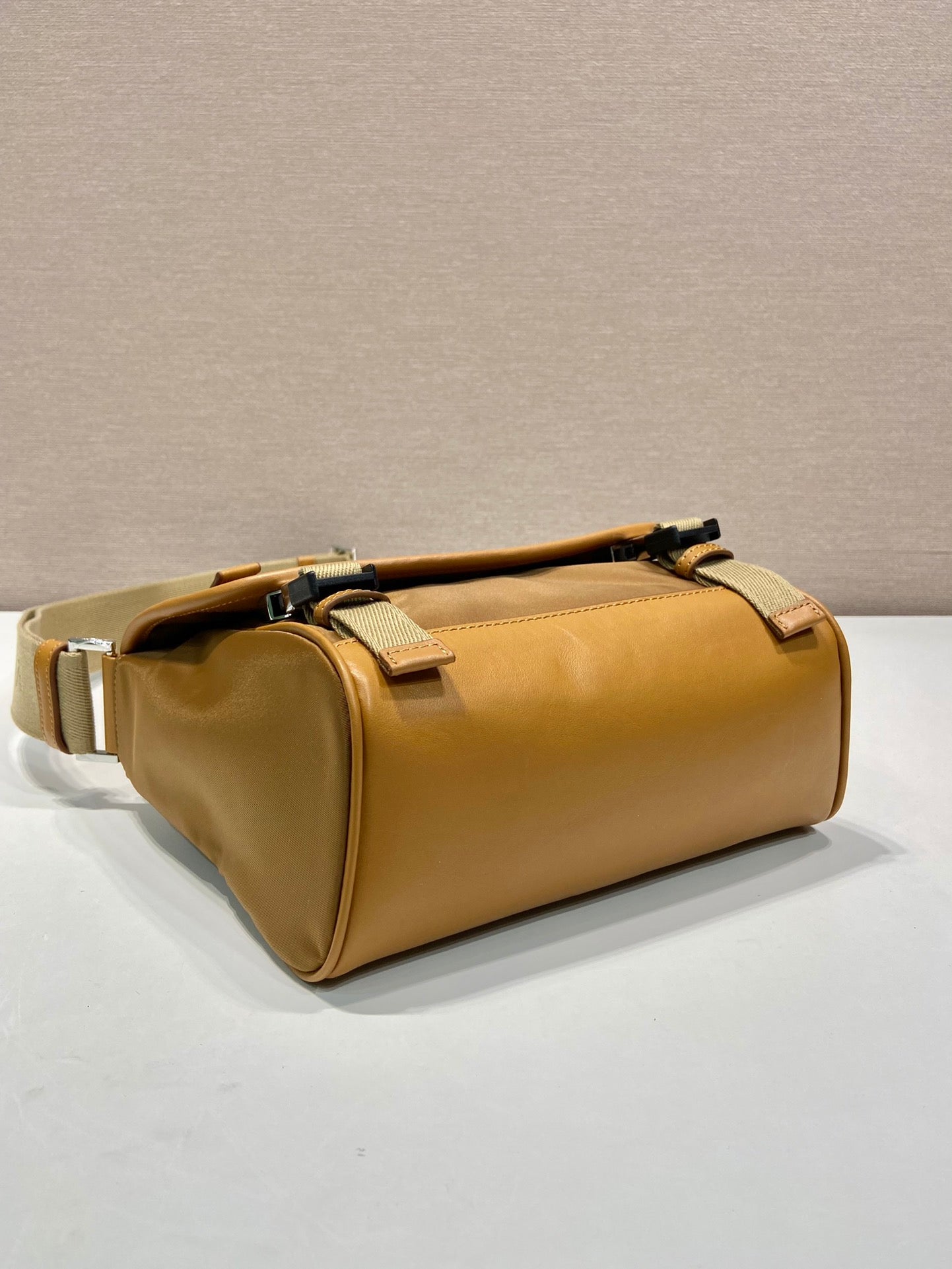 Luxury PradaSMALL FLAP BAG 20 IN CIDER BROWN RE-NYLON AND CALFSKIN TRIM