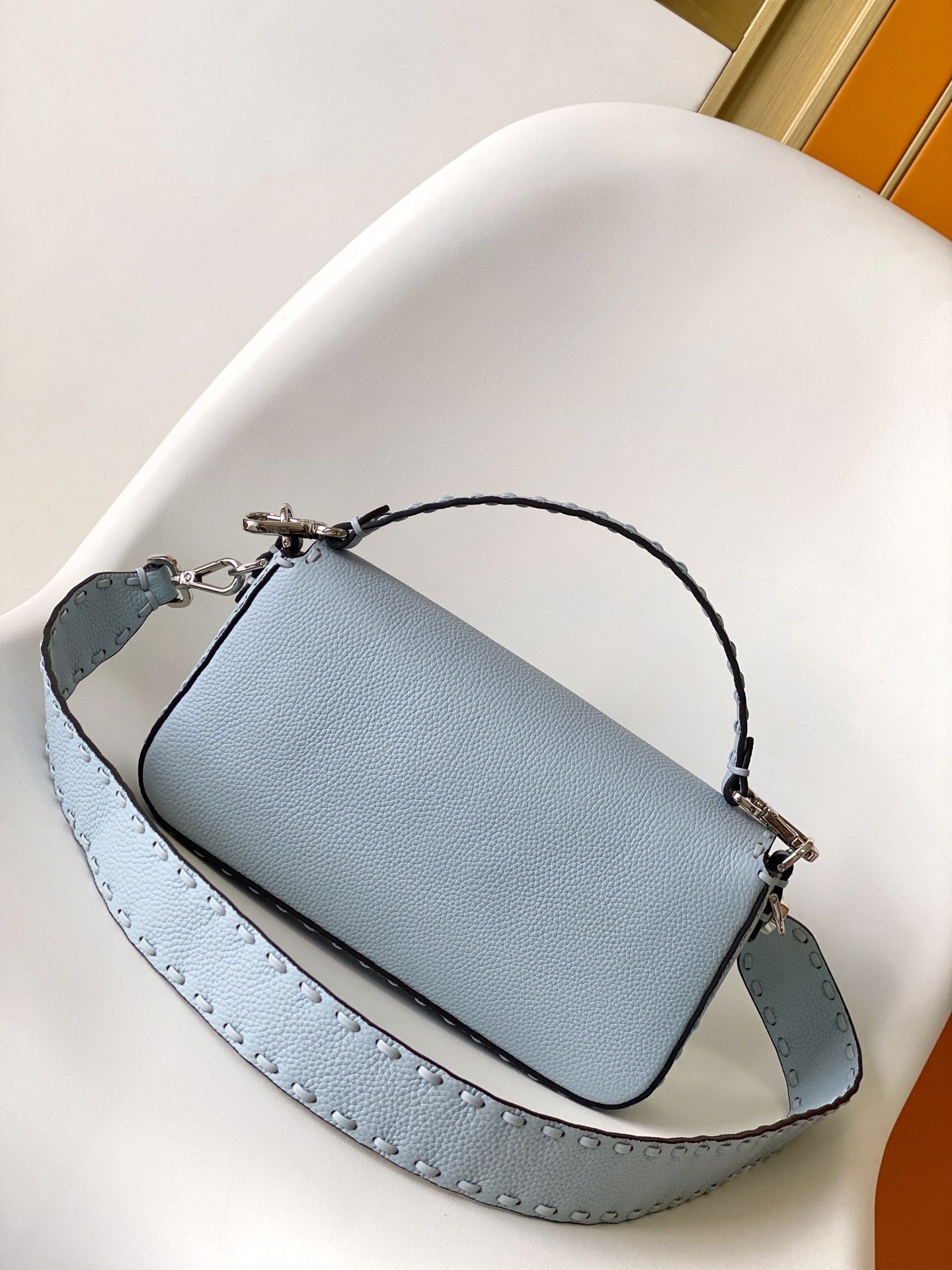Luxury FendiFend Baguette 27 Bag Baby Blue Calfskin Shw