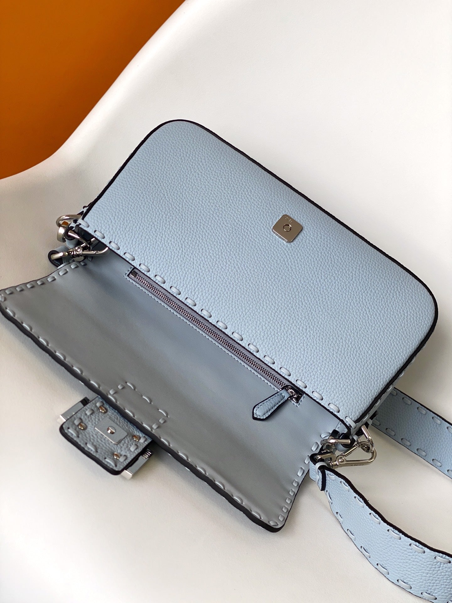 Luxury FendiFend Baguette 27 Bag Baby Blue Calfskin Shw