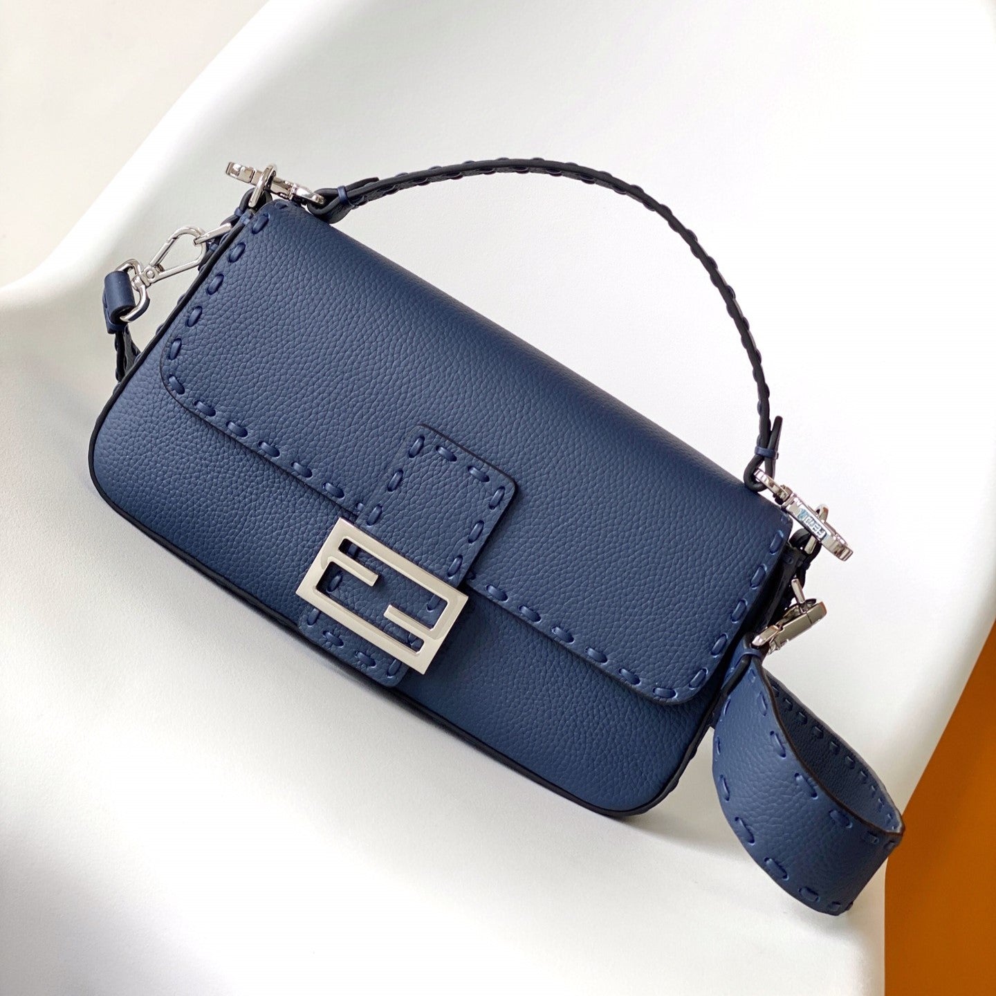 Luxury FendiFend Baguette 27 Bag Dark Blue Calfskin Shw