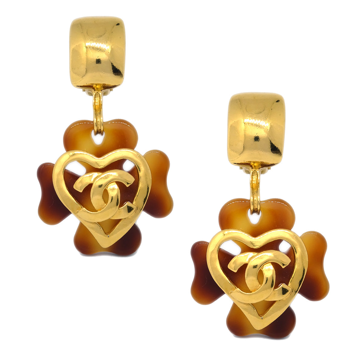 Luxury Chanel Clover Dangle Earrings Gold Clip-On 95P