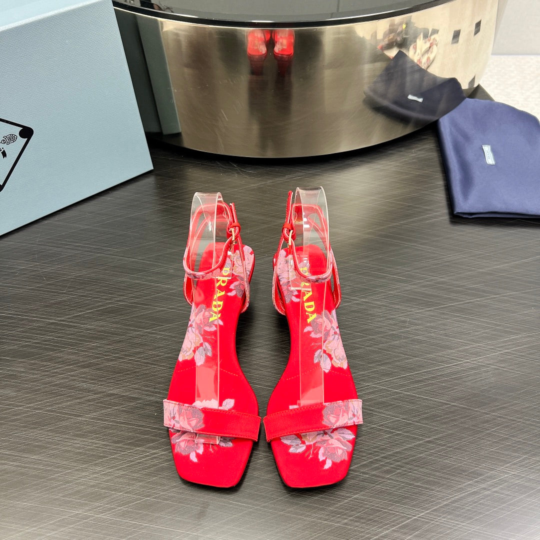 Luxury PradaTRIANGLE HEEL FLOWER MOTIF SATIN SANDALS RED