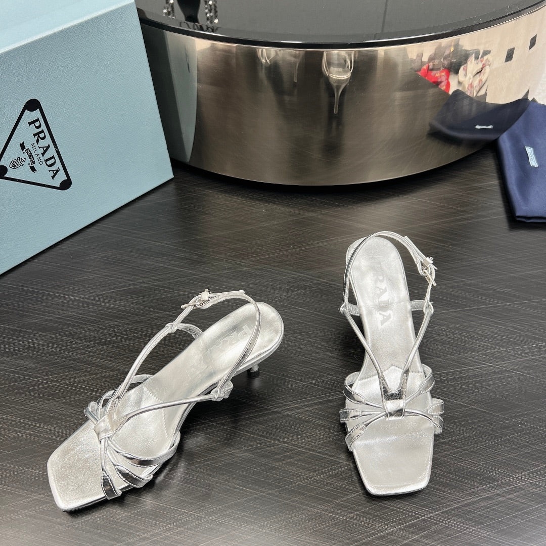 Luxury PradaHEELED SANDALS METALLIC SILVER LAMBSKIN