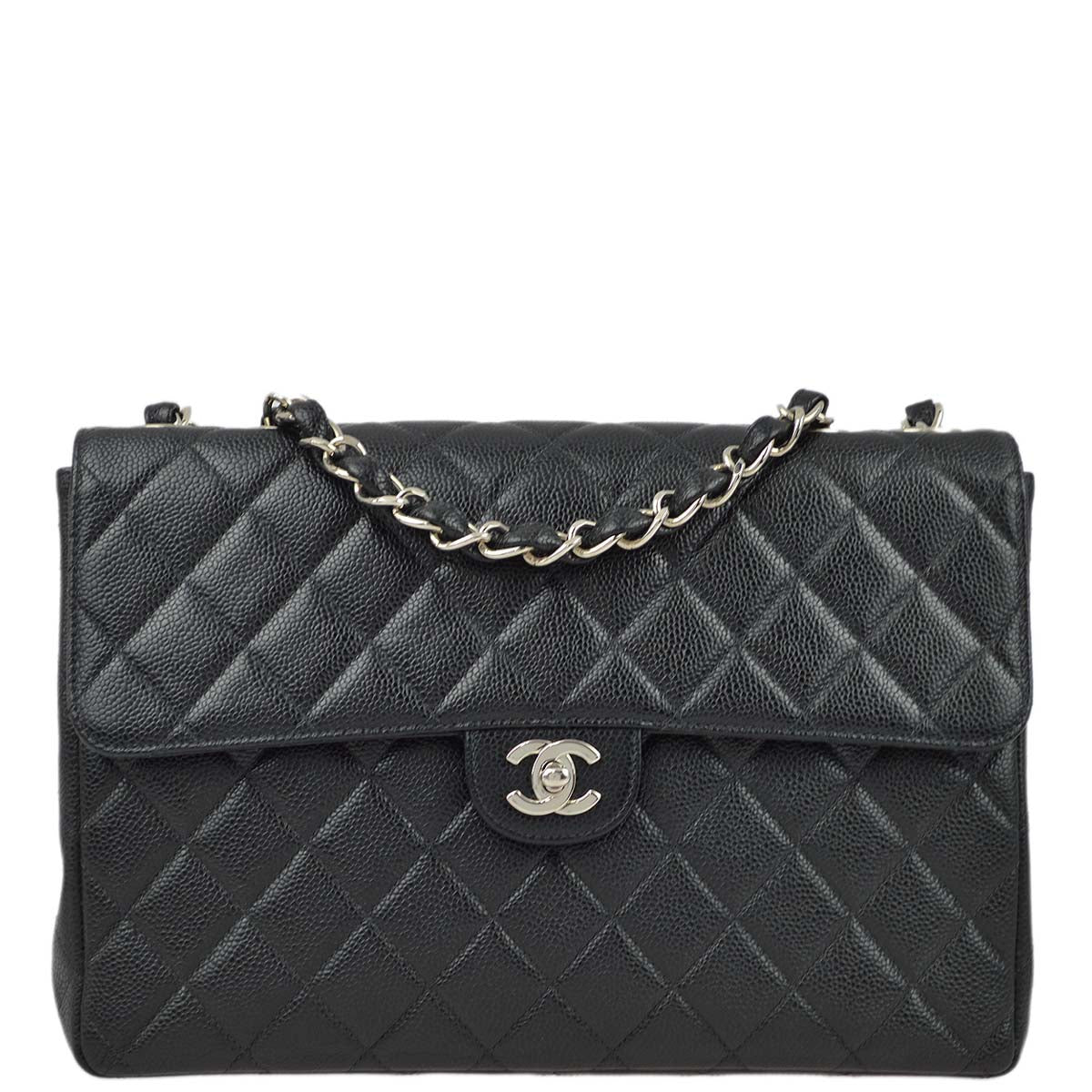 Luxury Chanel 2000-2001 Black Caviar Jumbo Classic Flap Shoulder Bag