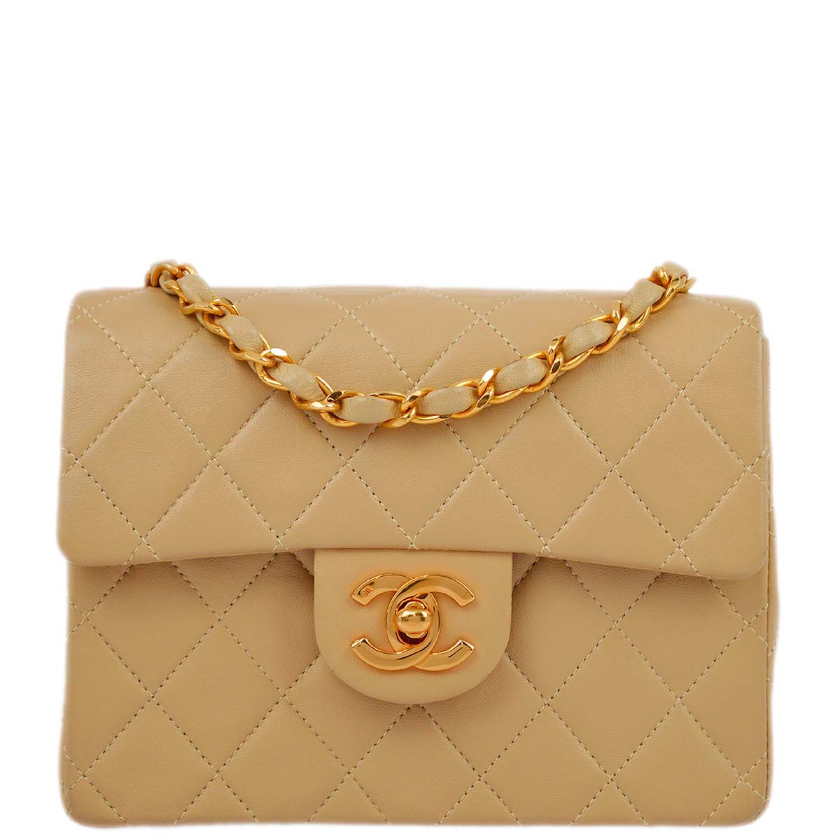 Luxury Chanel 1991-1994 Beige Lambskin Mini Classic Square Flap Shoulder Bag 17