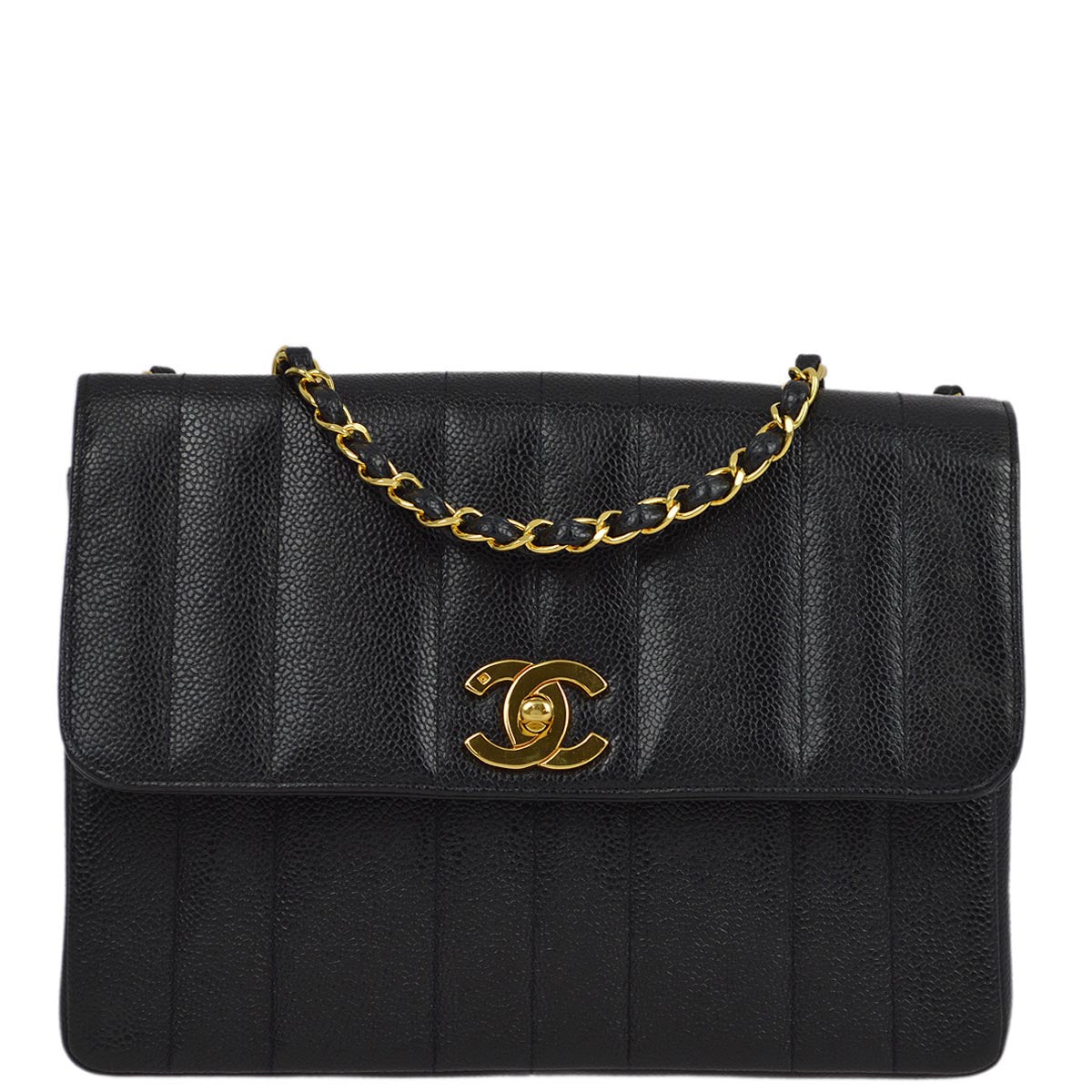 Luxury Chanel 1994-1996 Black Caviar Mademoiselle Straight Flap Shoulder Bag