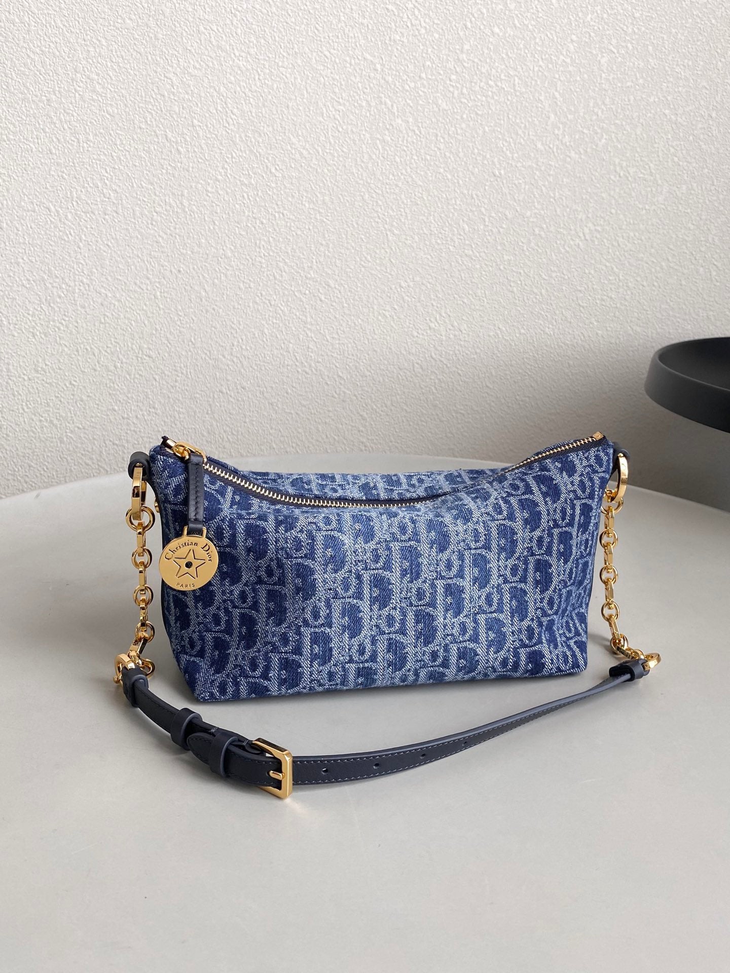 Luxury Dior DIORSTAR 28 HOBO BAG WITH CHAIN BLUE DENIM OBLIQUE JACQUARD