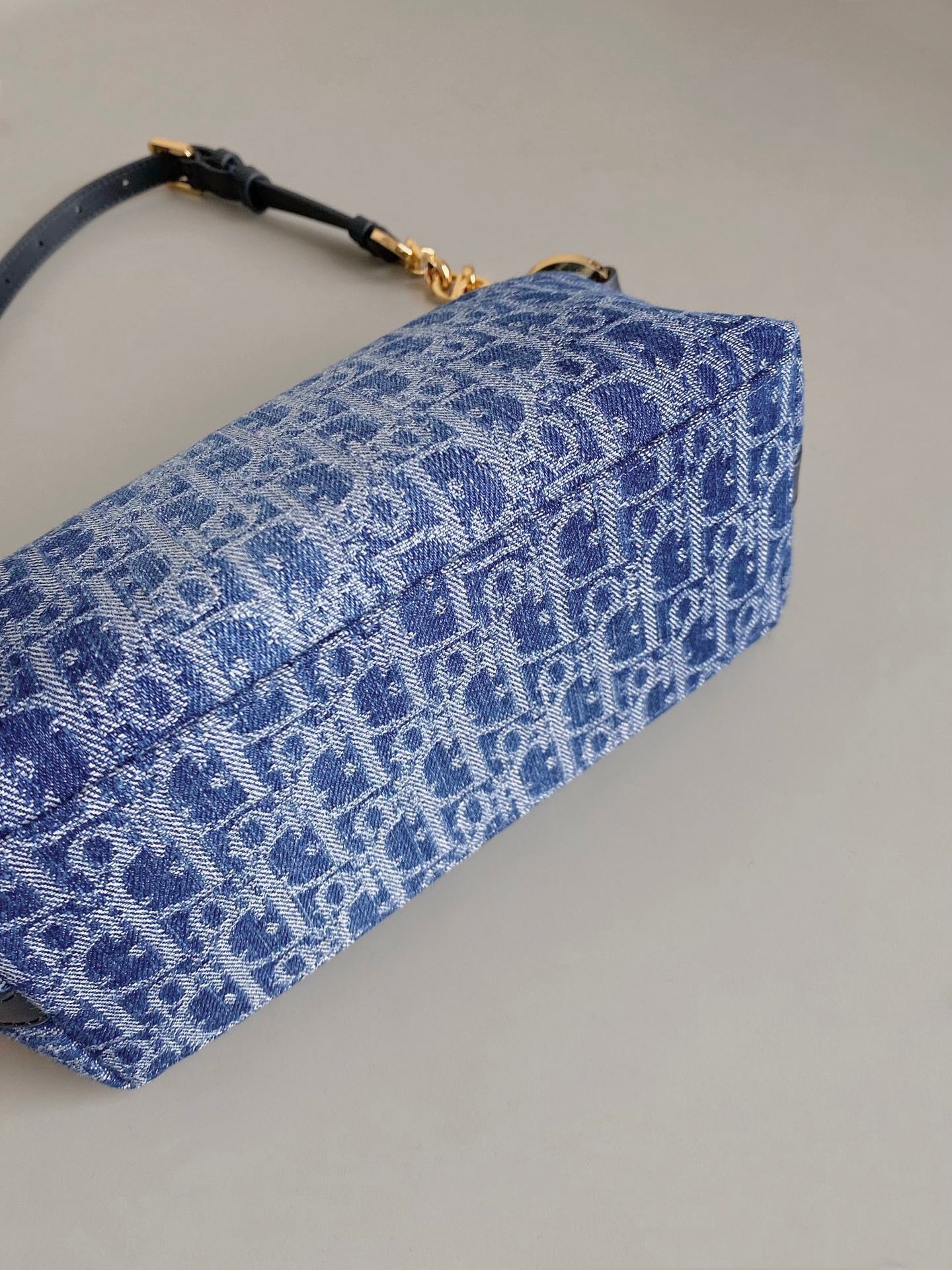 Luxury Dior DIORSTAR 28 HOBO BAG WITH CHAIN BLUE DENIM OBLIQUE JACQUARD