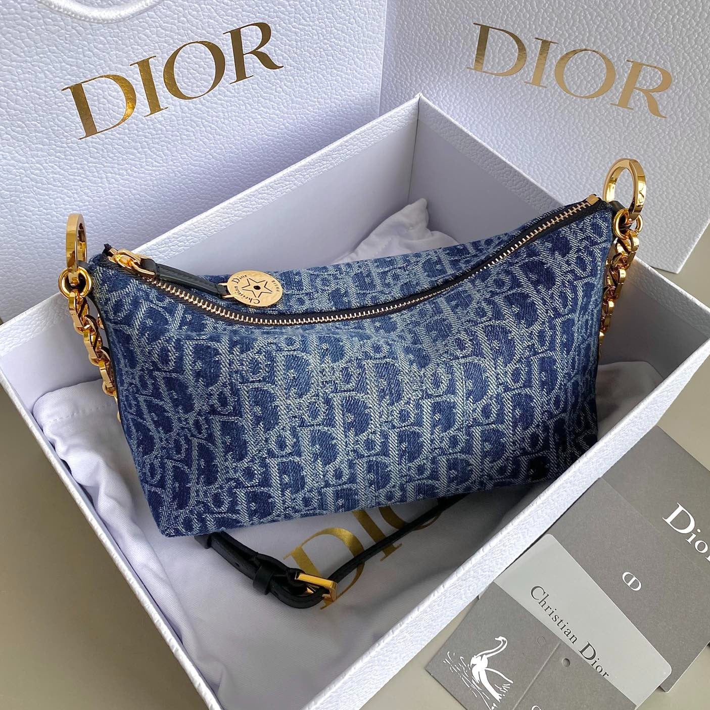 Luxury Dior DIORSTAR 28 HOBO BAG WITH CHAIN BLUE DENIM OBLIQUE JACQUARD