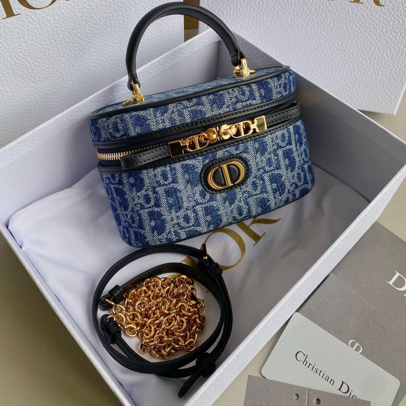 Luxury DiorMINI VANITY CASE 16 BLUE DENIM OBLIQUE JACQUARD