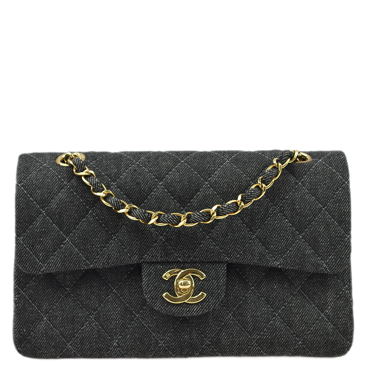 Luxury Chanel * 1997-1999 Black Denim Small Classic Double Flap Shoulder Bag