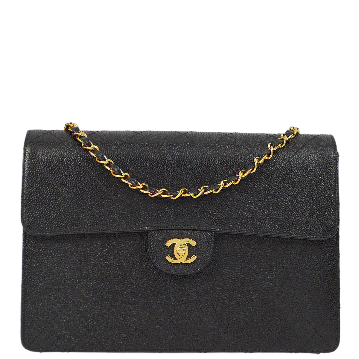 Luxury Chanel 1997-1999 Black Caviar Jumbo Classic Flap Shoulder Bag