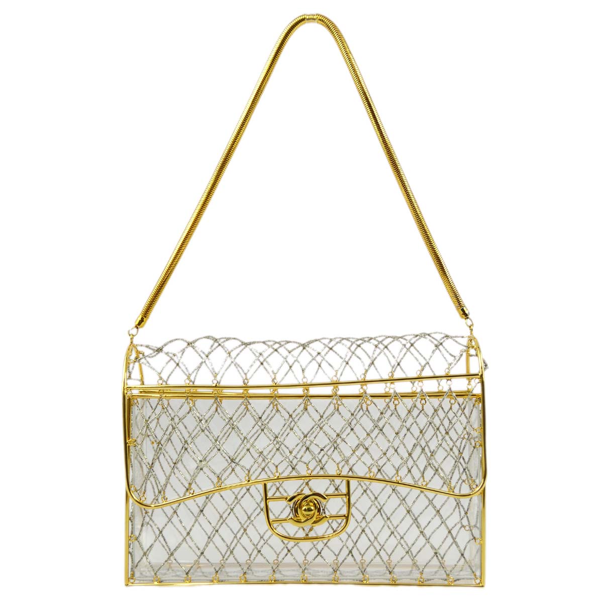 Luxury Chanel * Clear Gold Beaded Flap Shoulder Bag Medium
