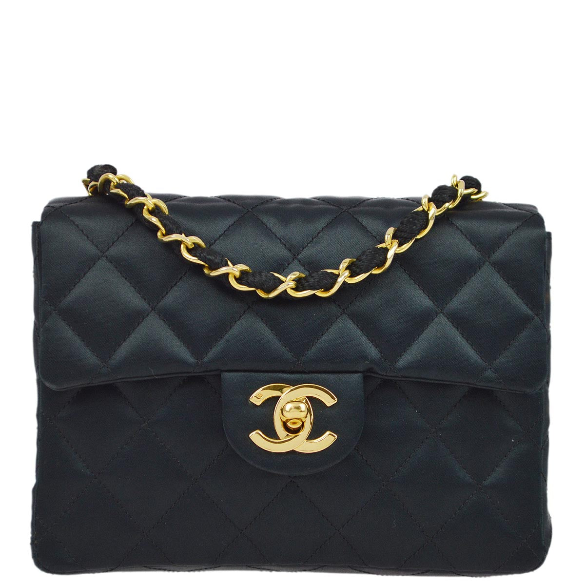 Luxury Chanel 1986-1888 Black Satin Mini Classic Square Flap Shoulder Bag 17