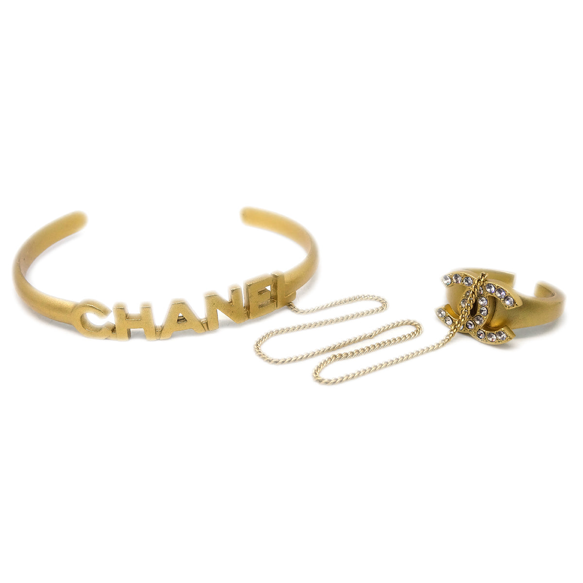 Luxury Chanel Bangle Chain Ring Rhinestone Gold #52 #12 01C