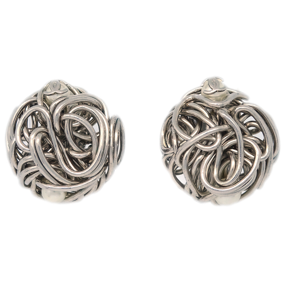 Luxury Chanel Button Earrings Clip-On Artificial Pearl Silver 97A
