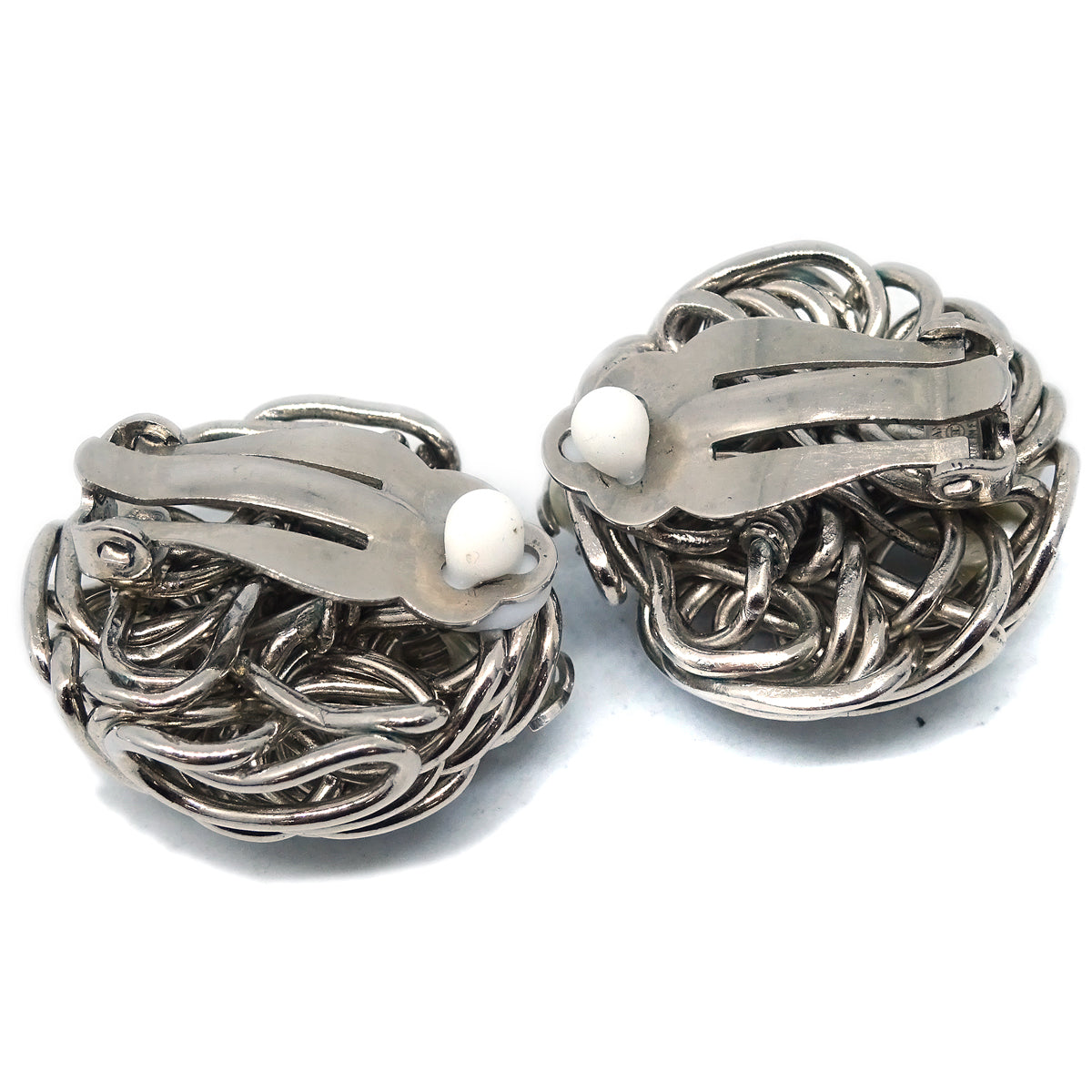 Luxury Chanel Button Earrings Clip-On Artificial Pearl Silver 97A