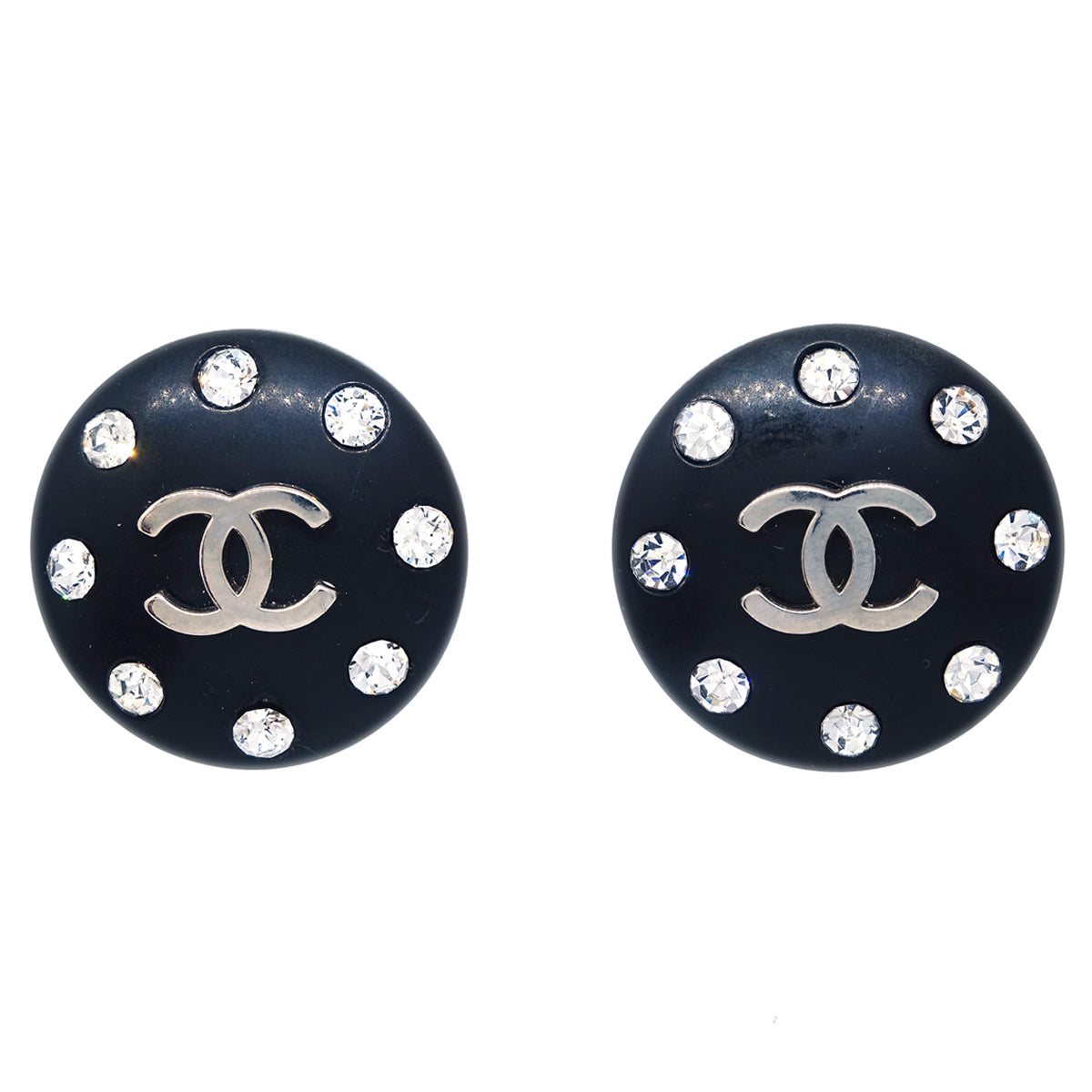 Luxury Chanel Button Earrings Clip-On Rhinestone Black 96P