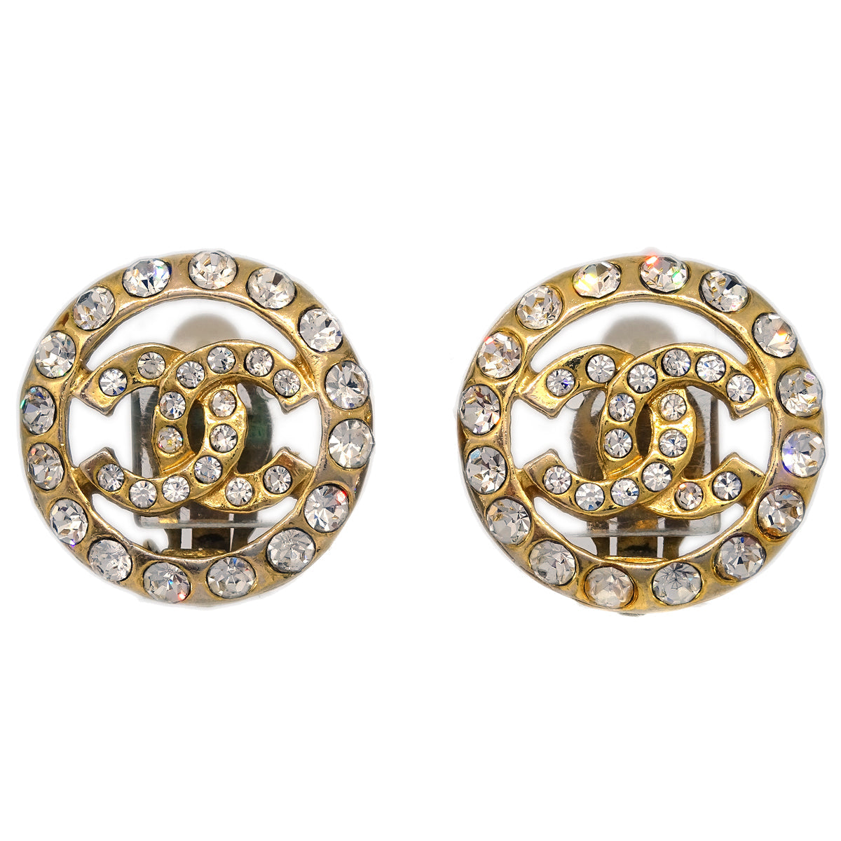Luxury Chanel Gold Button Earrings Clip-On Rhinestone