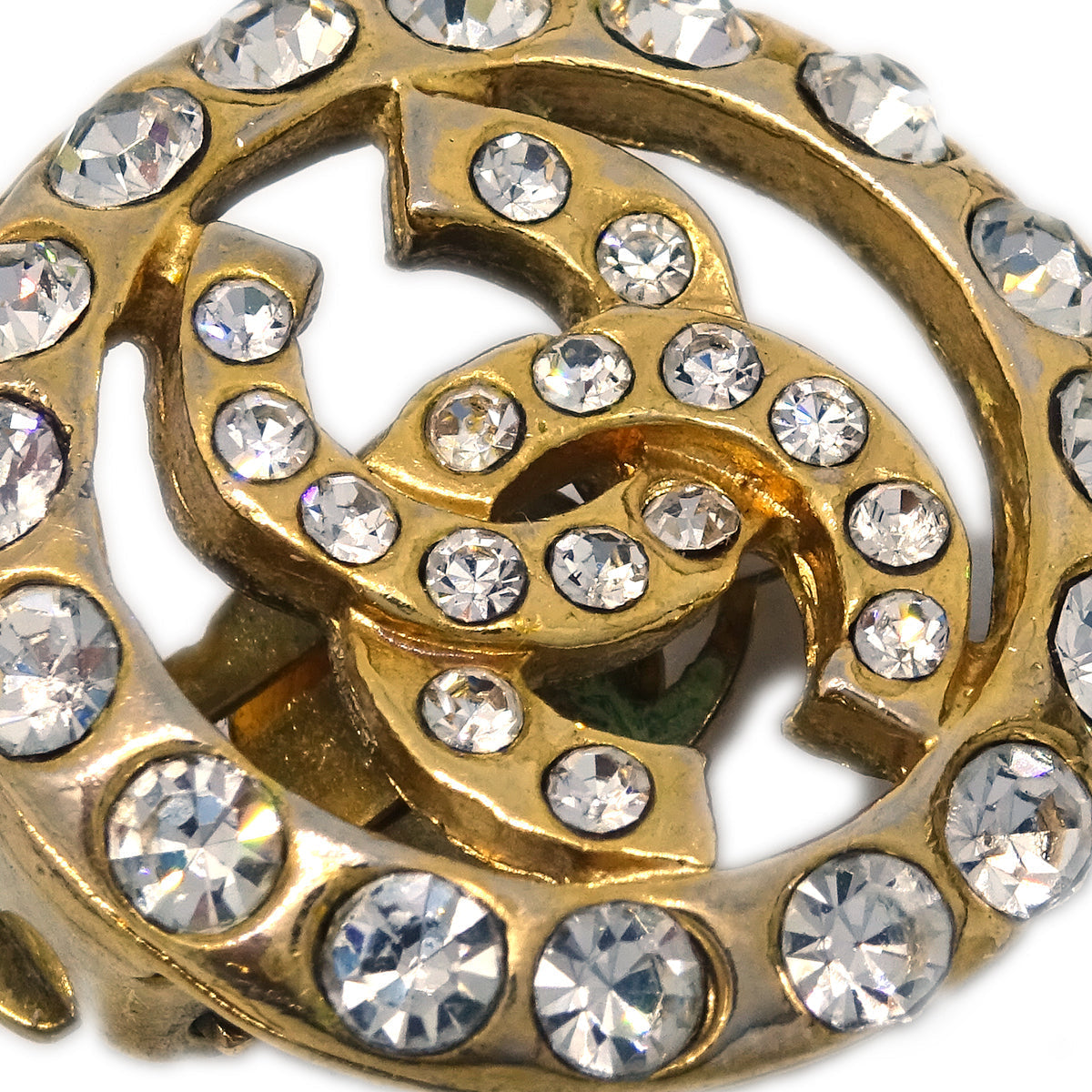 Luxury Chanel Gold Button Earrings Clip-On Rhinestone
