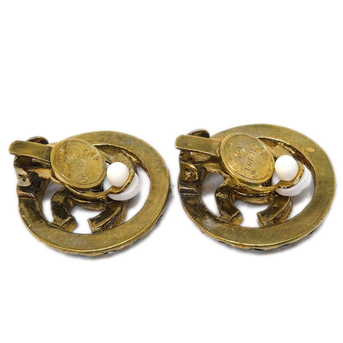 Luxury Chanel Gold Button Earrings Clip-On Rhinestone