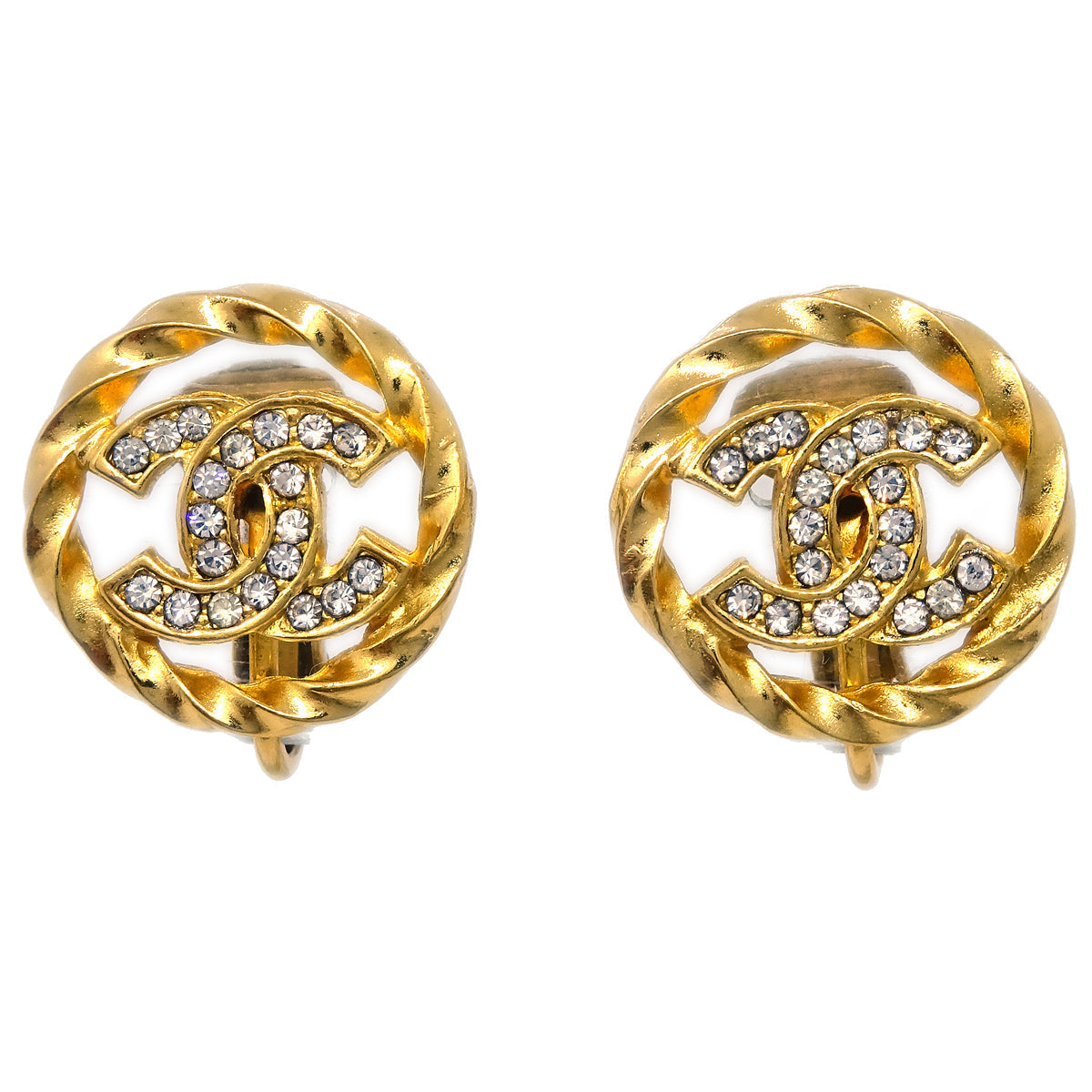 Luxury Chanel Gold Button Earrings Clip-On Rhinestone 2137