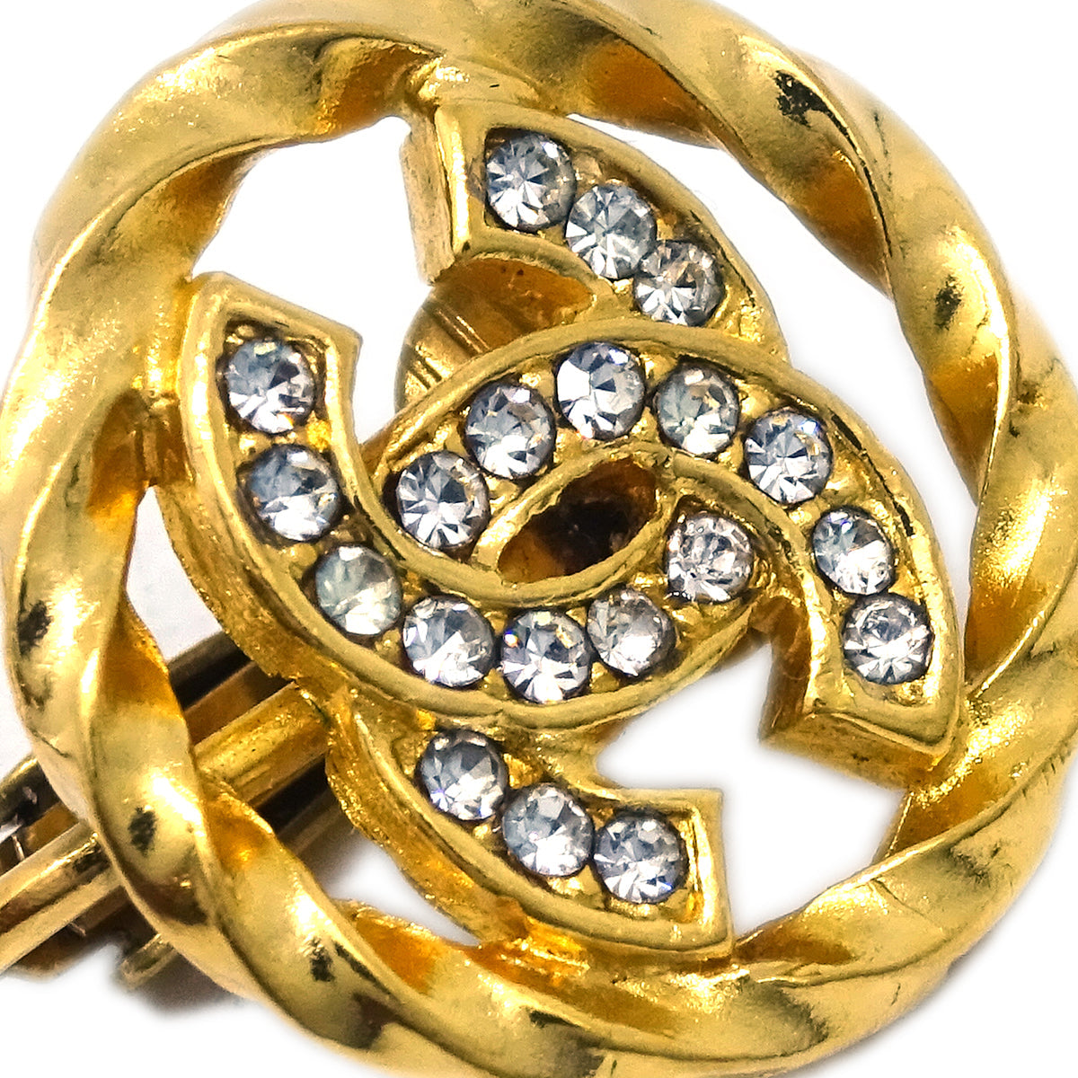 Luxury Chanel Gold Button Earrings Clip-On Rhinestone 2137