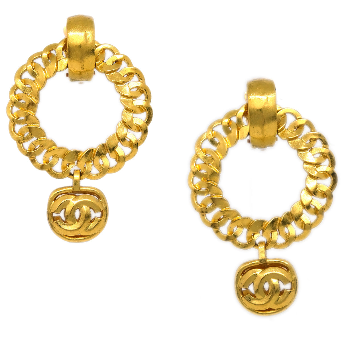 Luxury Chanel Hoop Dangle Earrings Clip-On Gold 96P