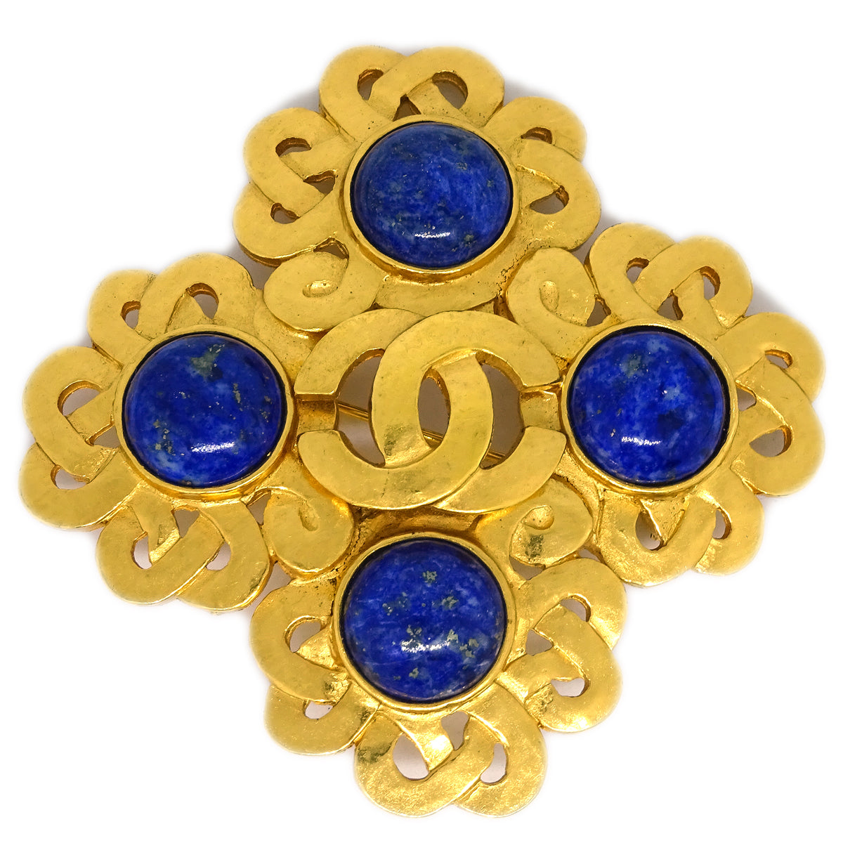 Luxury Chanel Stone Brooch Pin Gold Blue 97P