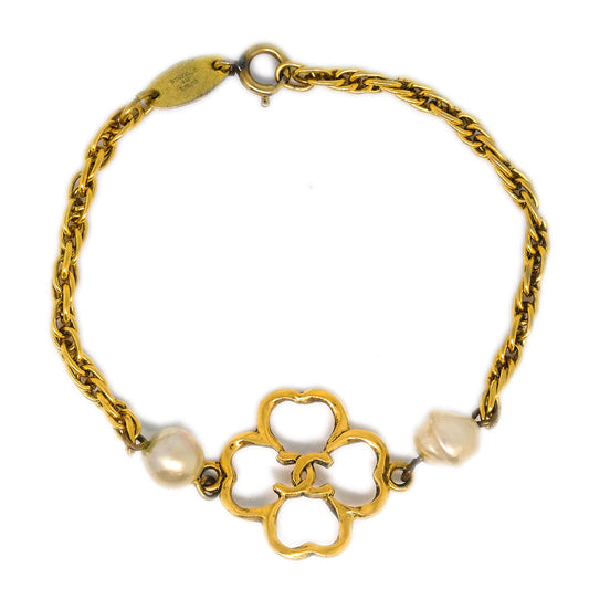 Luxury Chanel Gold Costume Pearl Clover Bracelet 1983