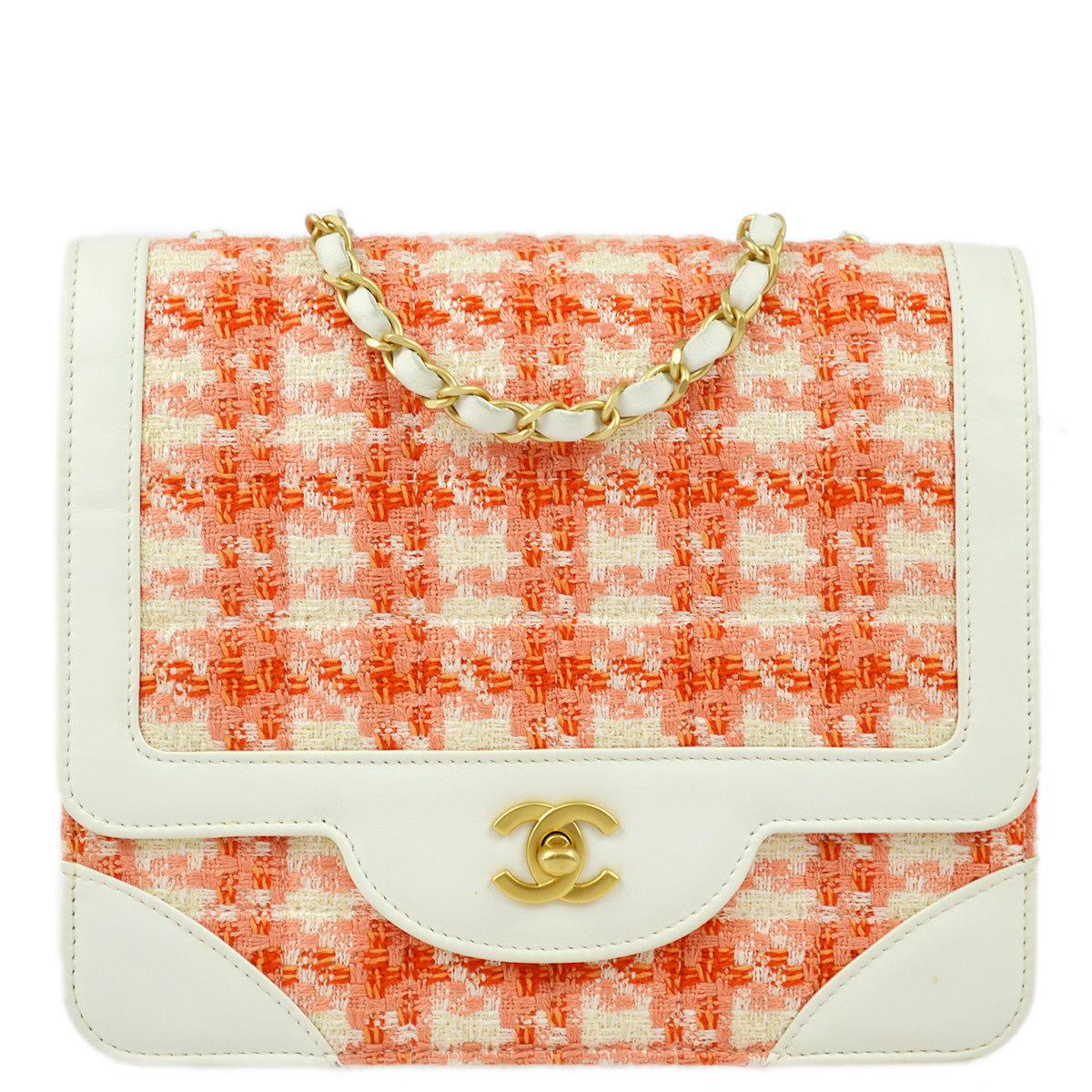 Luxury Chanel 2000-2001 White Orange Tweed Lambskin Chain Shoulder Bag
