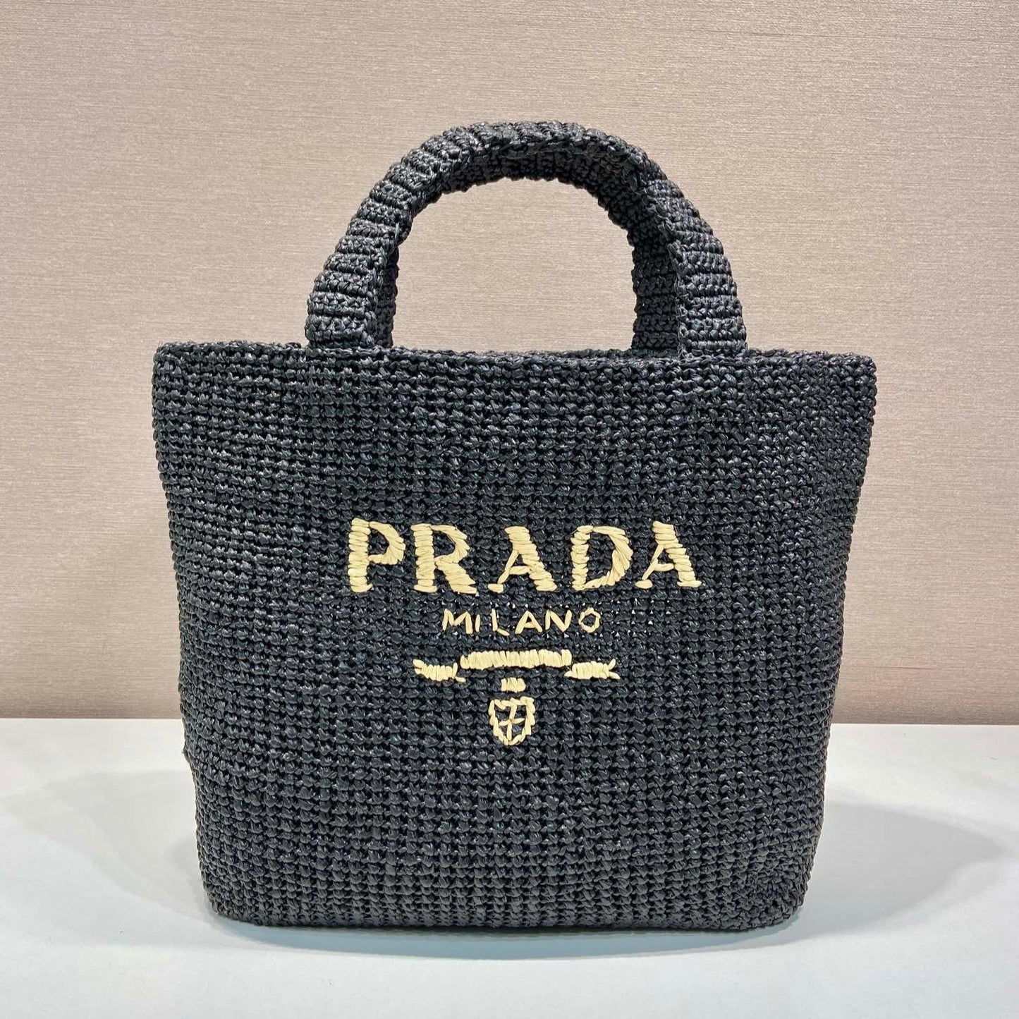 Luxury PradaLARGE CROCHET TOTE BAG 47 IN BLACK MIX YELLOW RAFFIA