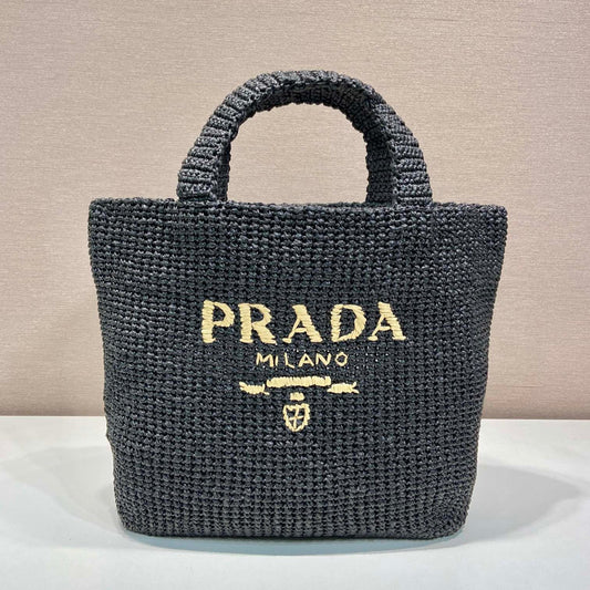 Luxury PradaLARGE CROCHET TOTE BAG 47 IN BLACK MIX YELLOW RAFFIA