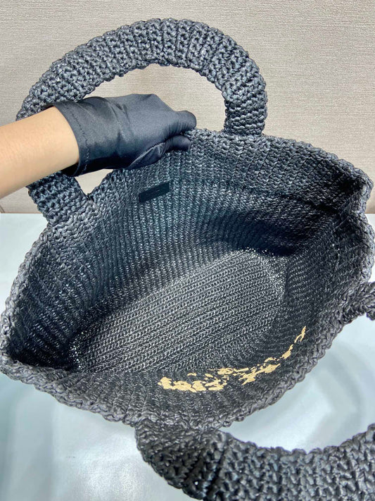 Luxury PradaLARGE CROCHET TOTE BAG 47 IN BLACK MIX YELLOW RAFFIA