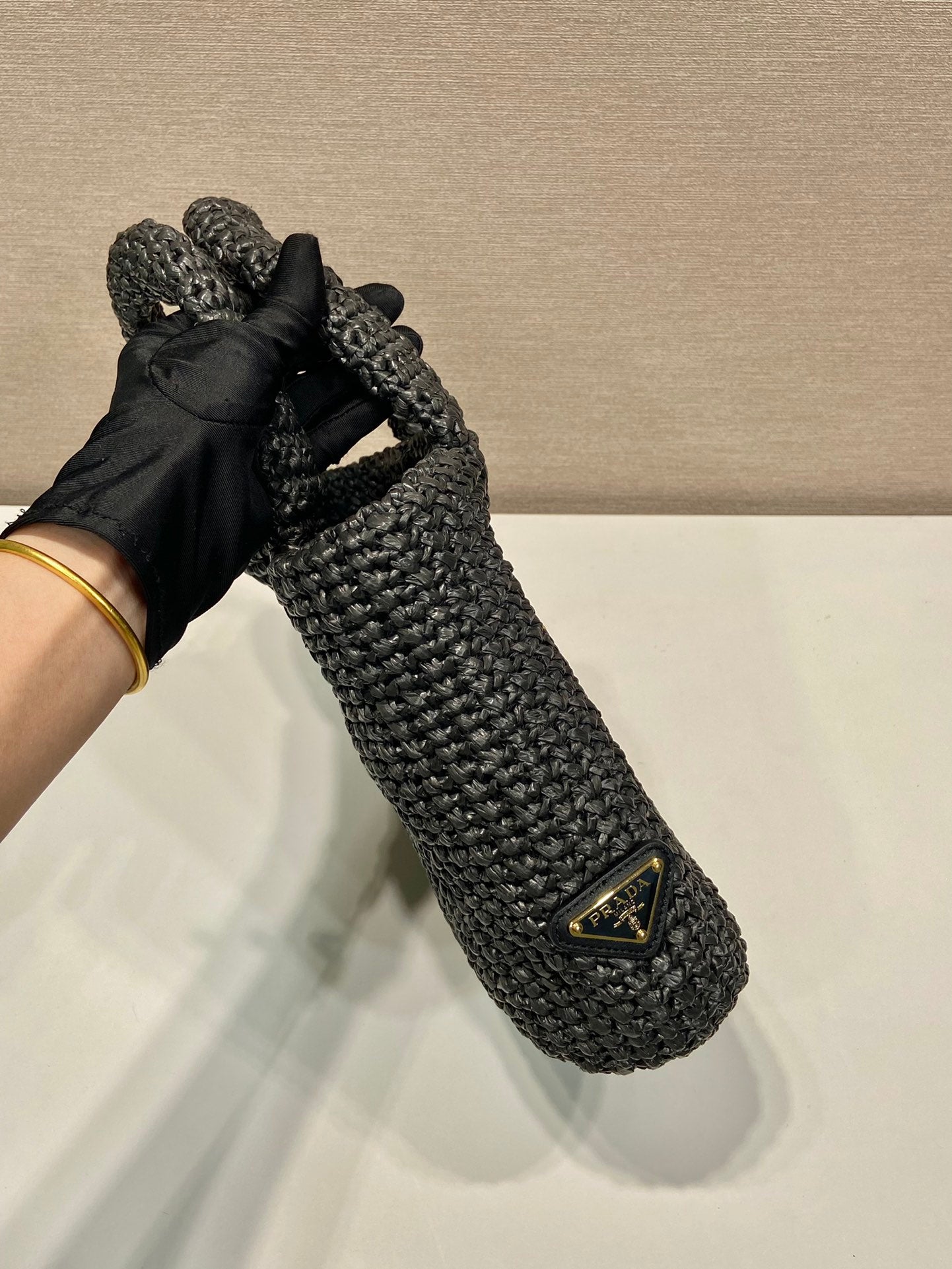 Luxury PradaSMALL CROCHET TOTE BAG 24 IN BLACK MIX YELLOW RAFFIA