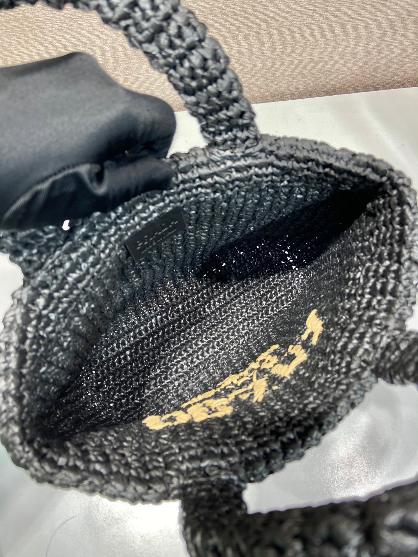 Luxury PradaSMALL CROCHET TOTE BAG 24 IN BLACK MIX YELLOW RAFFIA