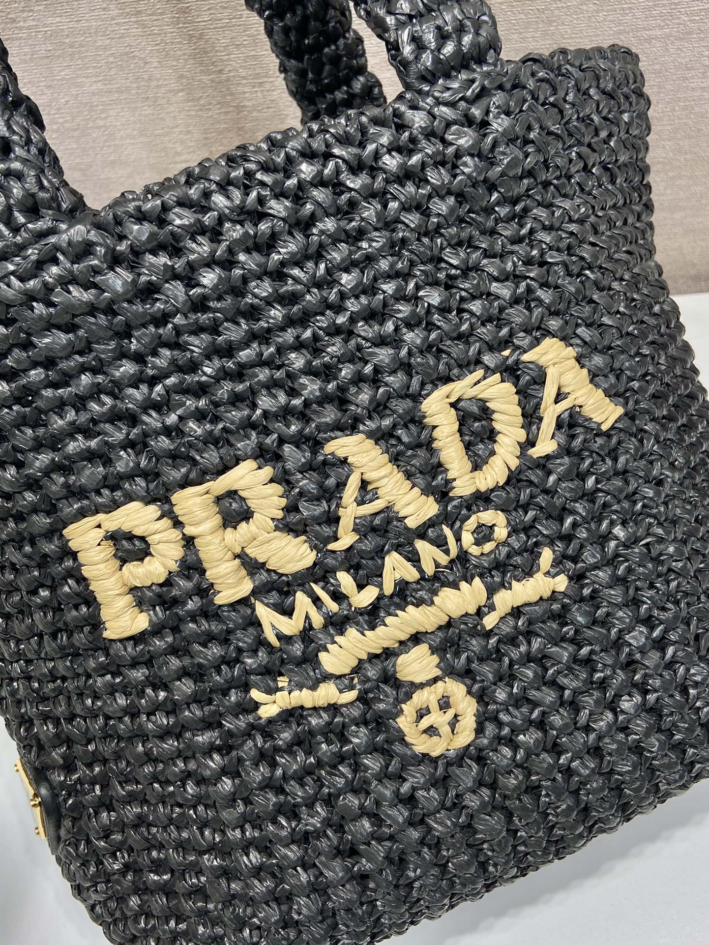Luxury PradaSMALL CROCHET TOTE BAG 24 IN BLACK MIX YELLOW RAFFIA