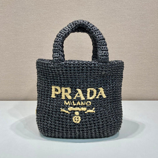 Luxury PradaSMALL CROCHET TOTE BAG 24 IN BLACK MIX YELLOW RAFFIA