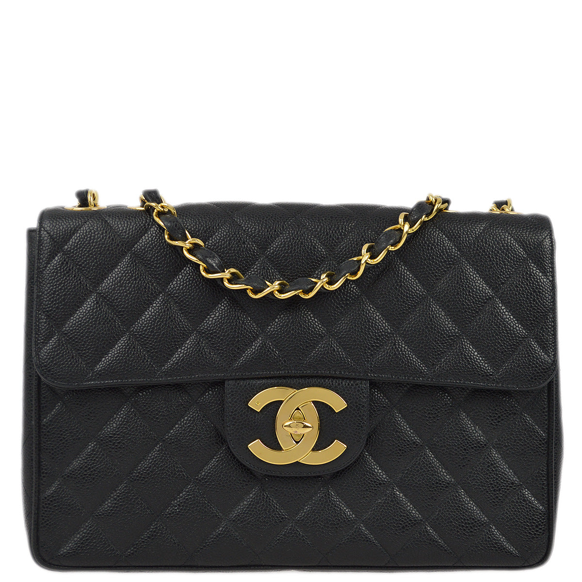 Luxury Chanel 1994-1996 Black Caviar Jumbo Classic Flap Shoulder Bag