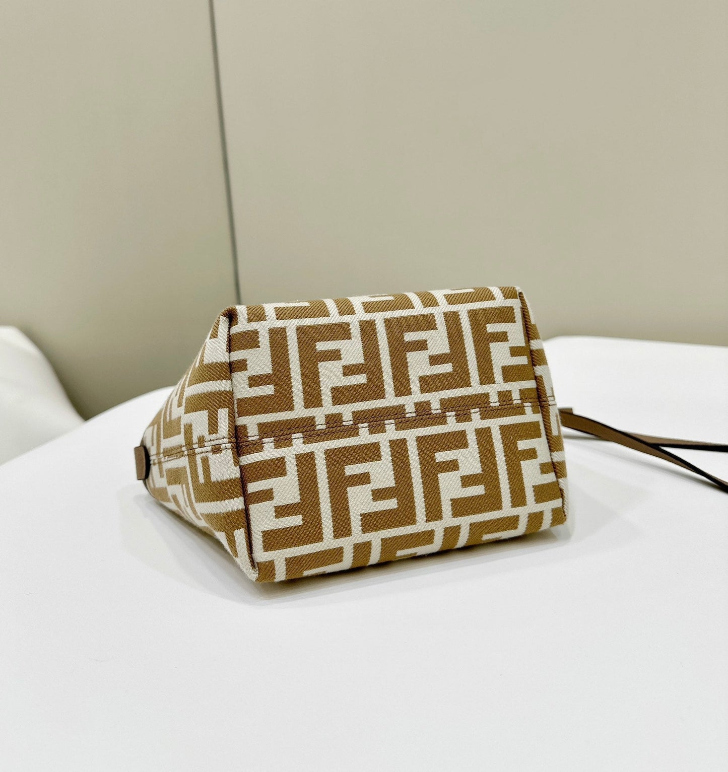 Luxury FendiMINI ROLL BAG 15 PEANUT BROWN MIX WHITE FF JACQUARD FABRIC