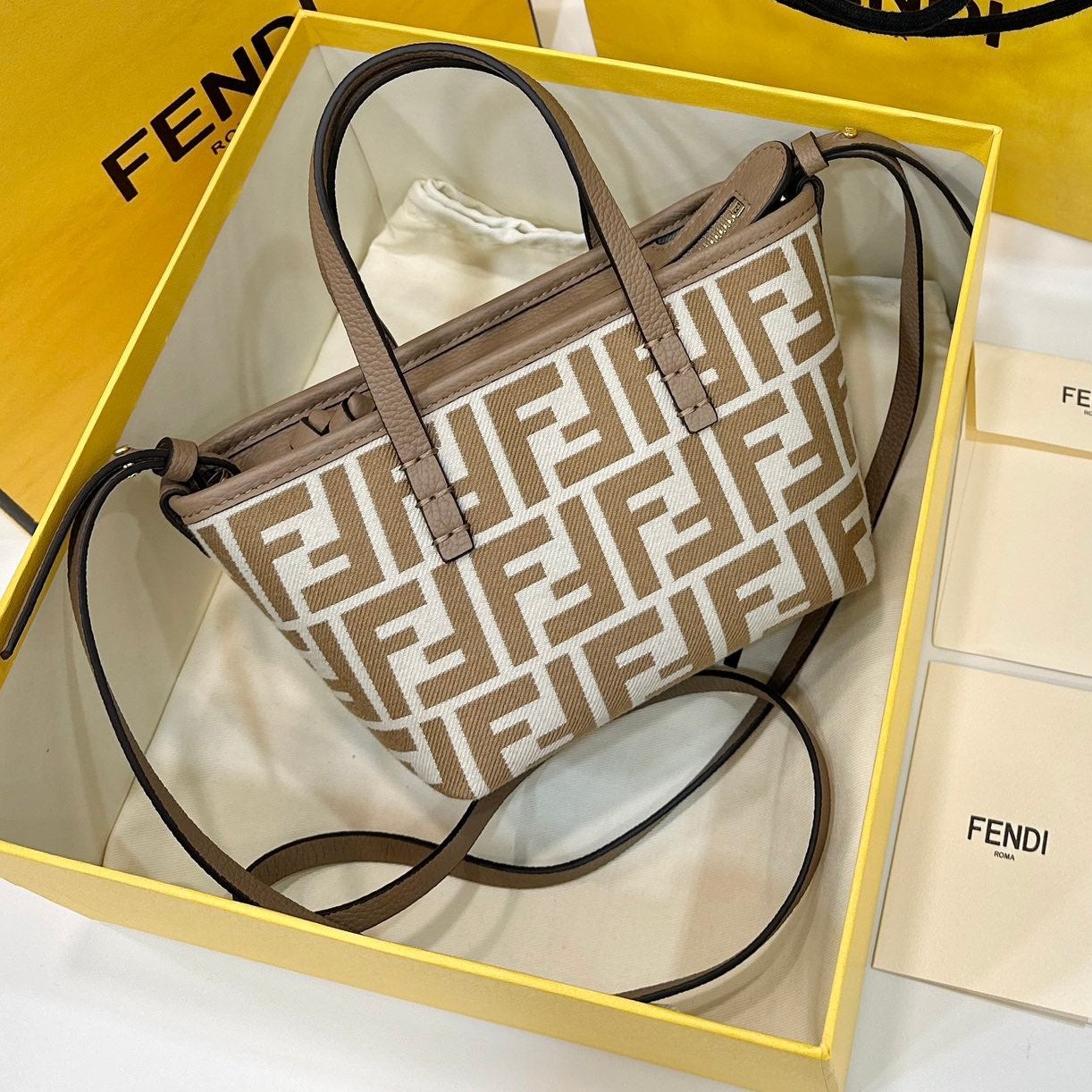 Luxury FendiMINI ROLL BAG 15 PEANUT BROWN MIX WHITE FF JACQUARD FABRIC