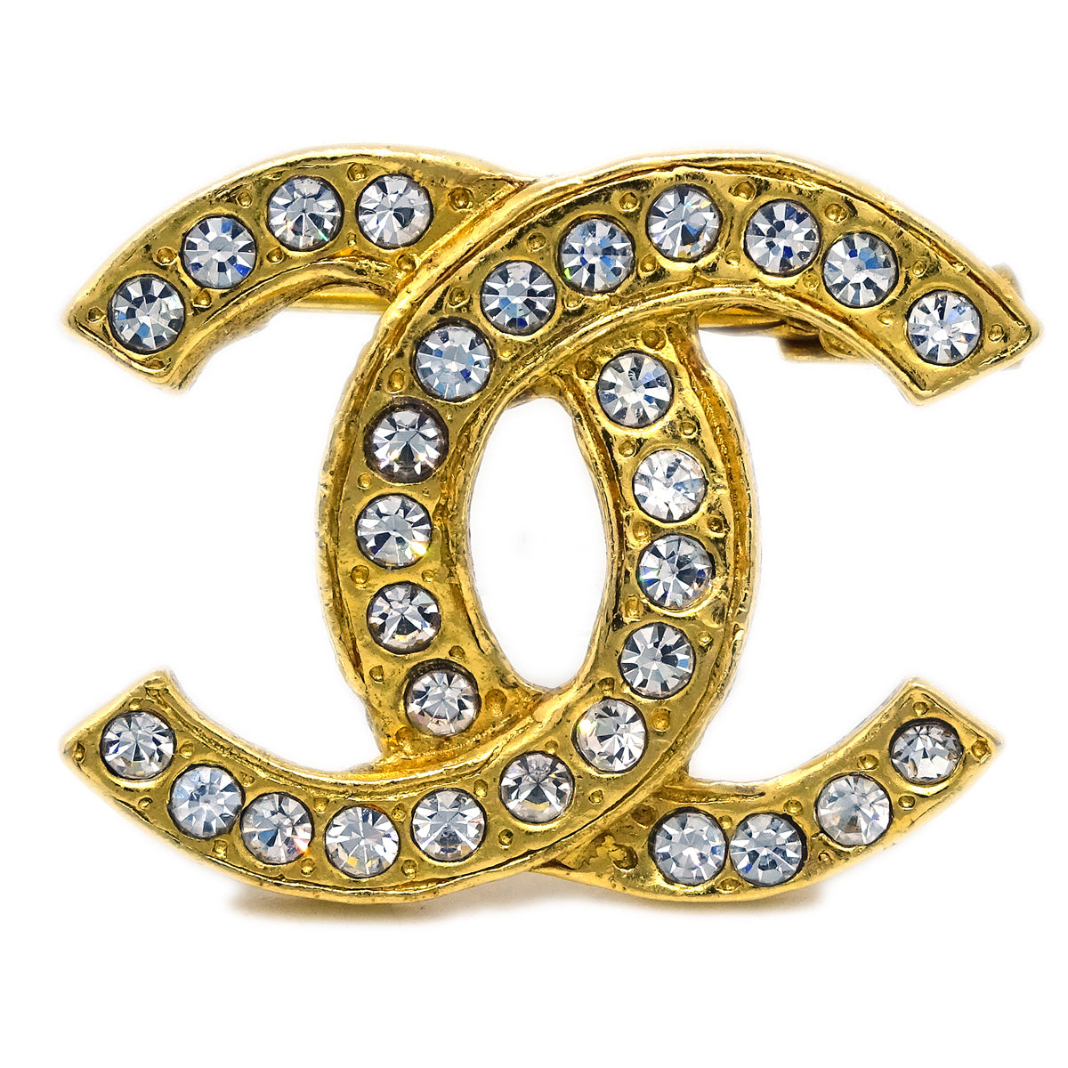 Luxury Chanel CC Brooch Pin Rhinestone Gold