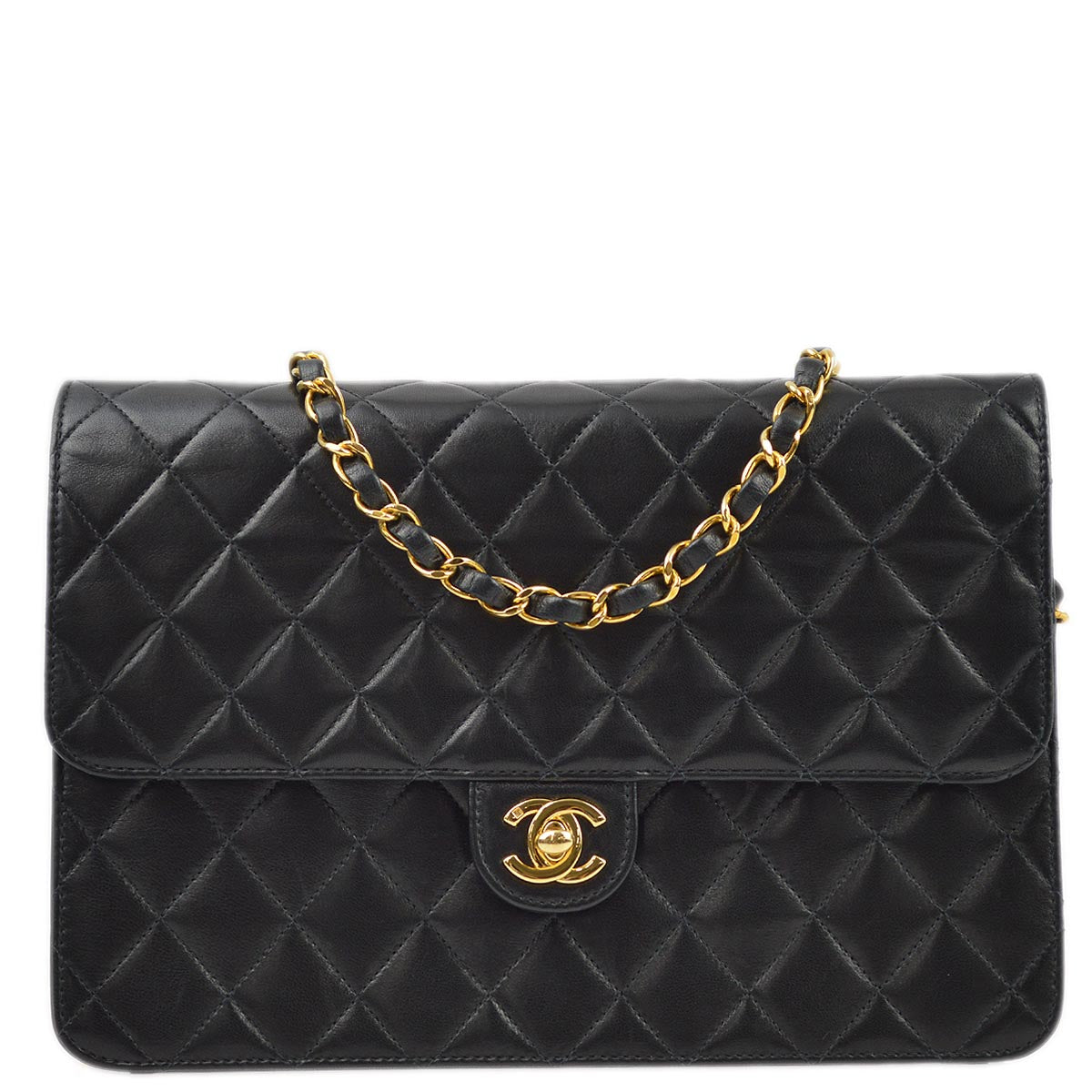 Luxury Chanel 2001-2003 Black Lambskin Turnlock Medium Half Flap Shoulder Bag