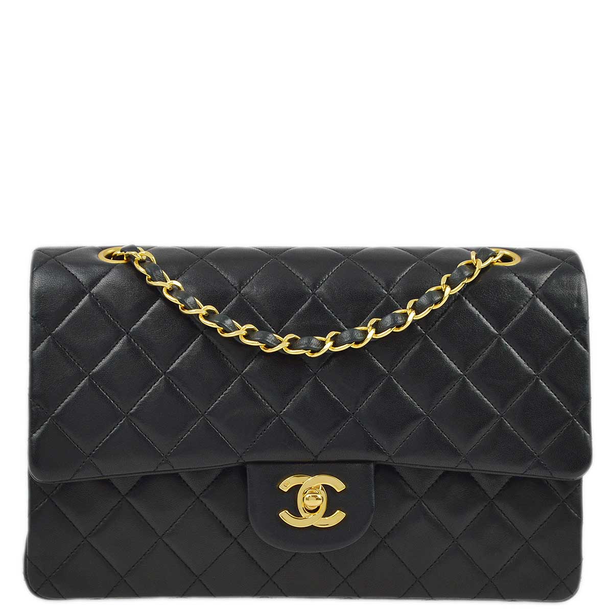 Luxury Chanel 1989-1991 Black Lambskin Medium Classic Double Flap Shoulder Bag