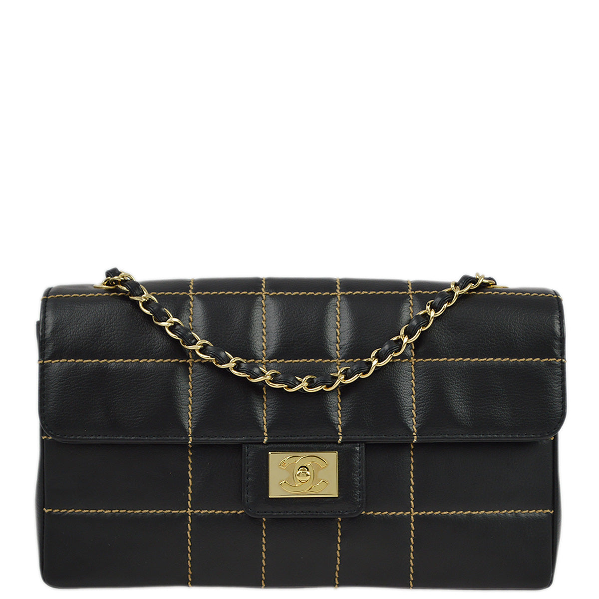 Luxury Chanel 2001-2003 Black Calfskin Wild Stitch Choco Bar Single Flap Shoulder Bag