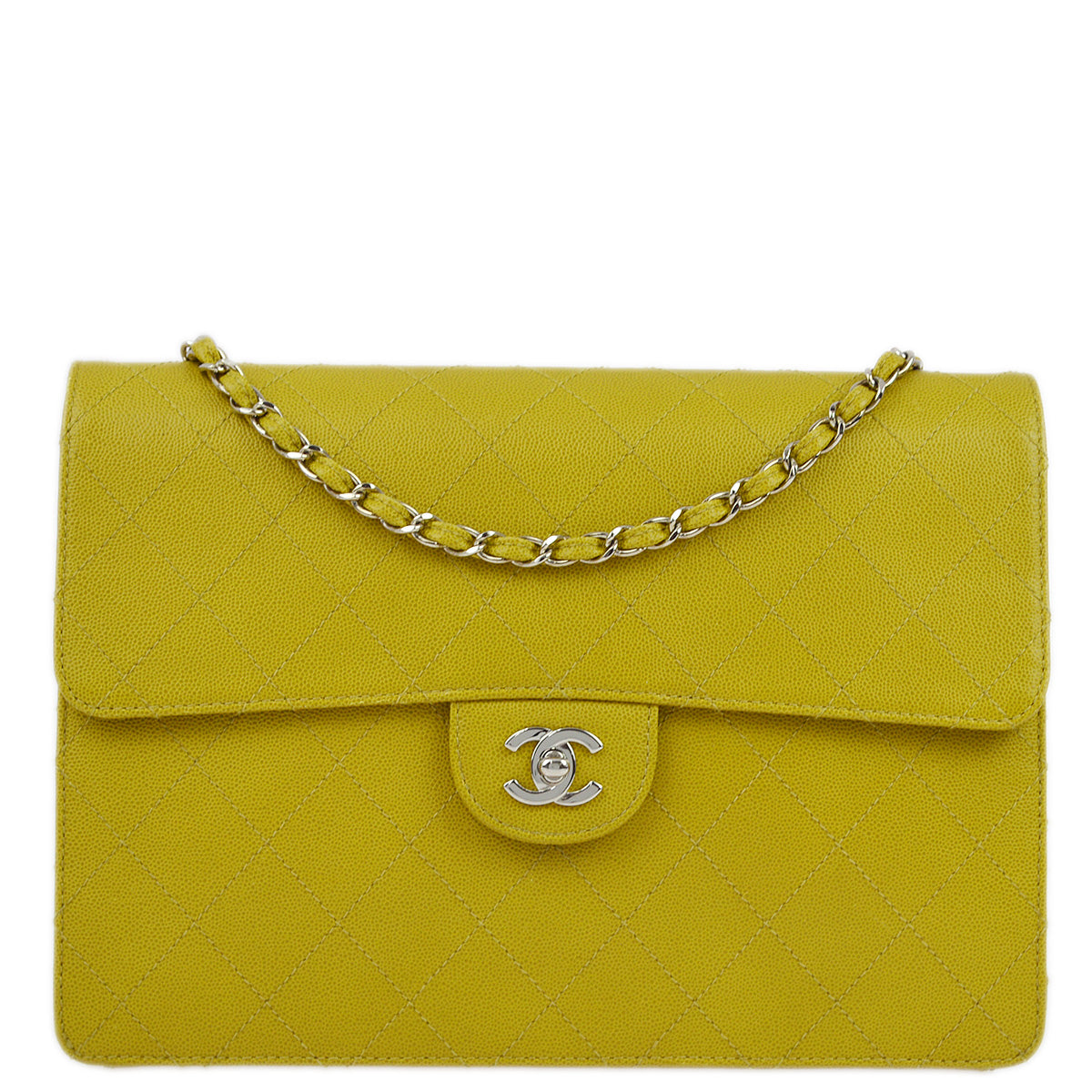 Luxury Chanel 1997-1999 Yellow Green Caviar Single Flap Shoulder Bag